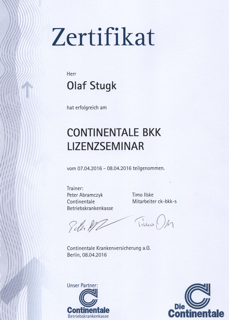 Zertifikat Continentale BKK Olaf Stugk