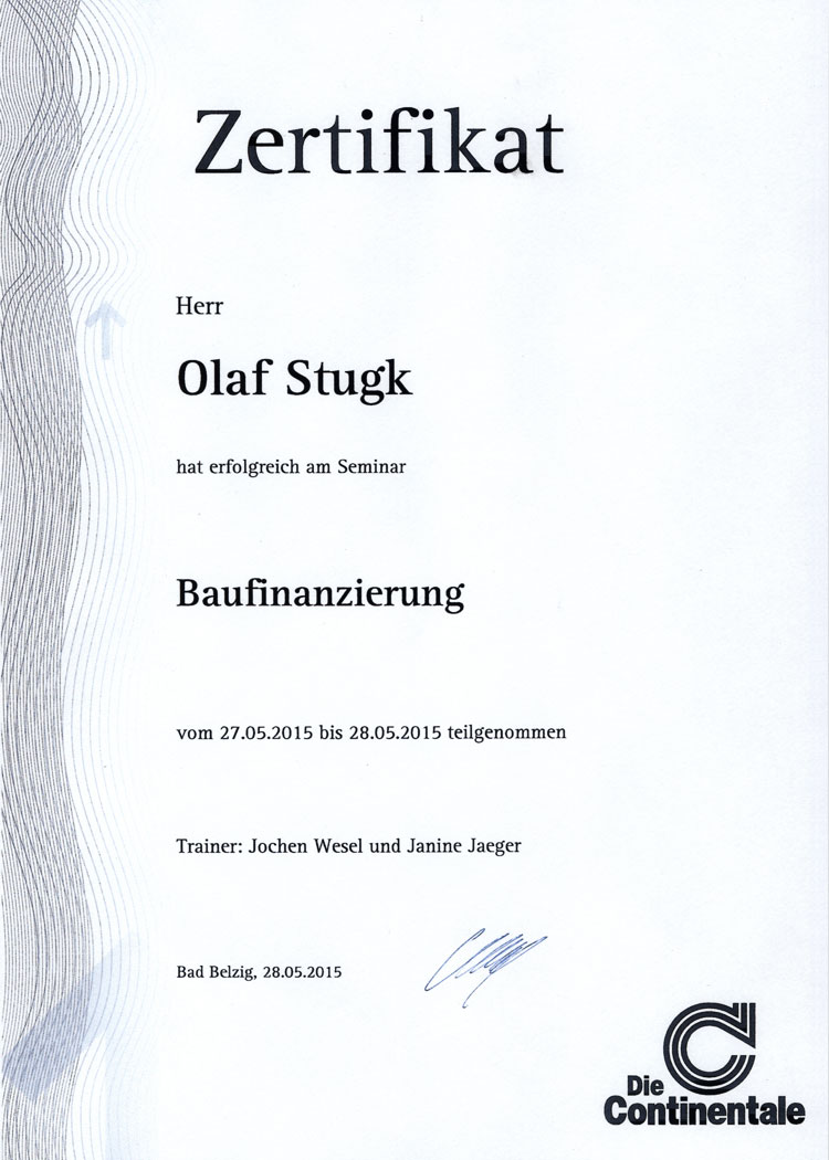Zertifikat Baufinanzierung Olaf Stugk