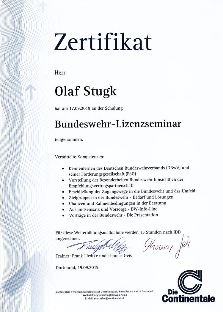 Zertifikat Bundeswehr-Lizenzseminar Olaf Stugk